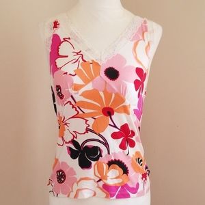 Harold's Floral Pink Orange Cream Top with Lace
